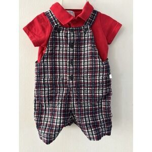 Vintage Baby Boy Overall Shorts Outfit Gingham Plaid 3/6 Months 100%‎ Cotton
